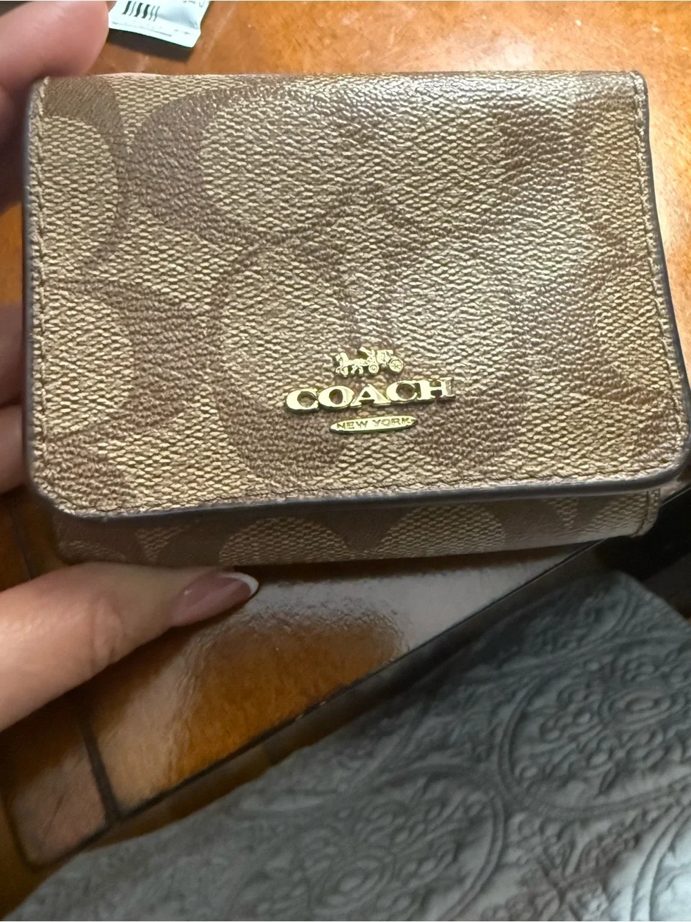 Coach Brown Signature Canvas Zip Card Case with Gold Logo